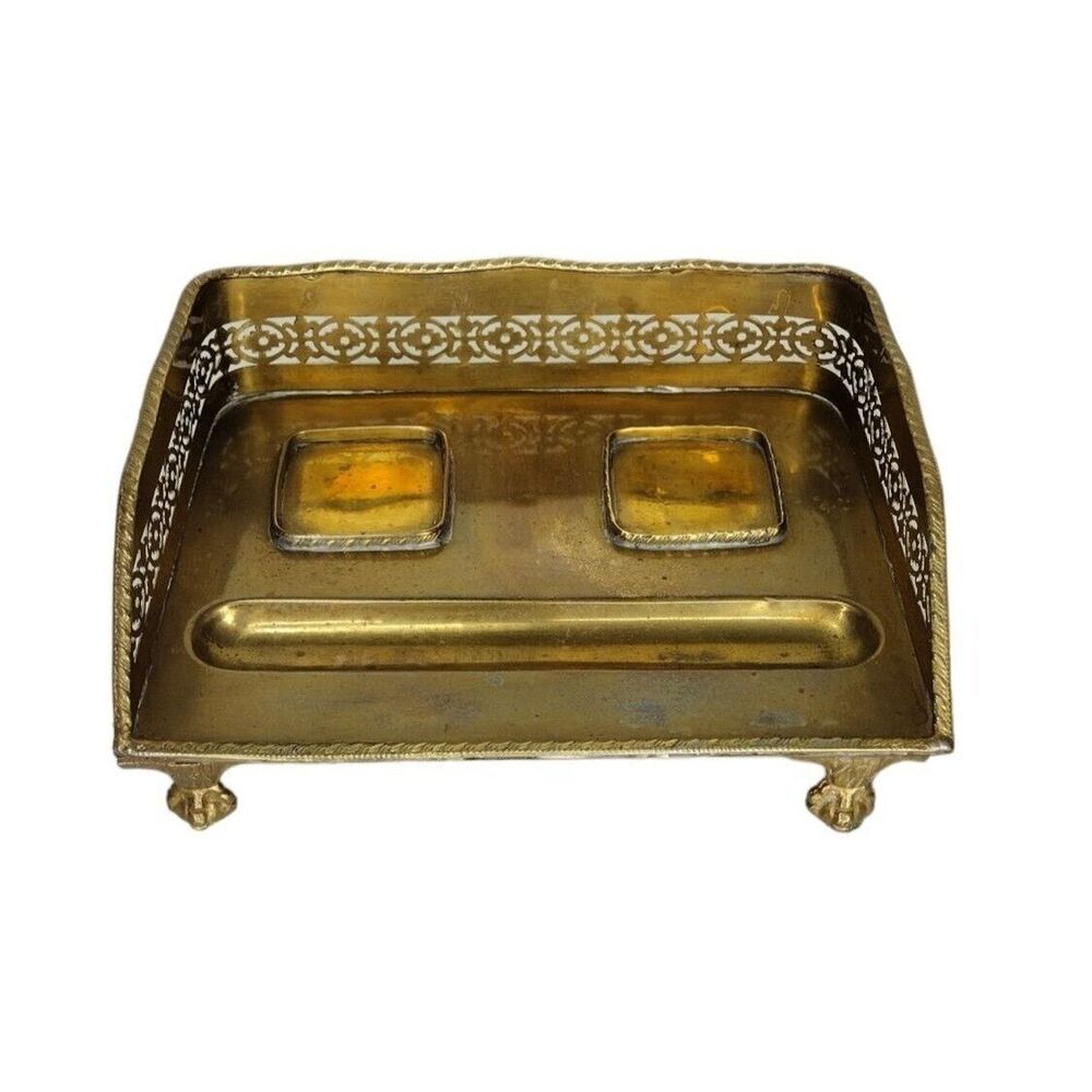 Vintage MCM Mottahedeh Brass Ball Claw Foot Inkwell Pen Tray Desktop Organizer